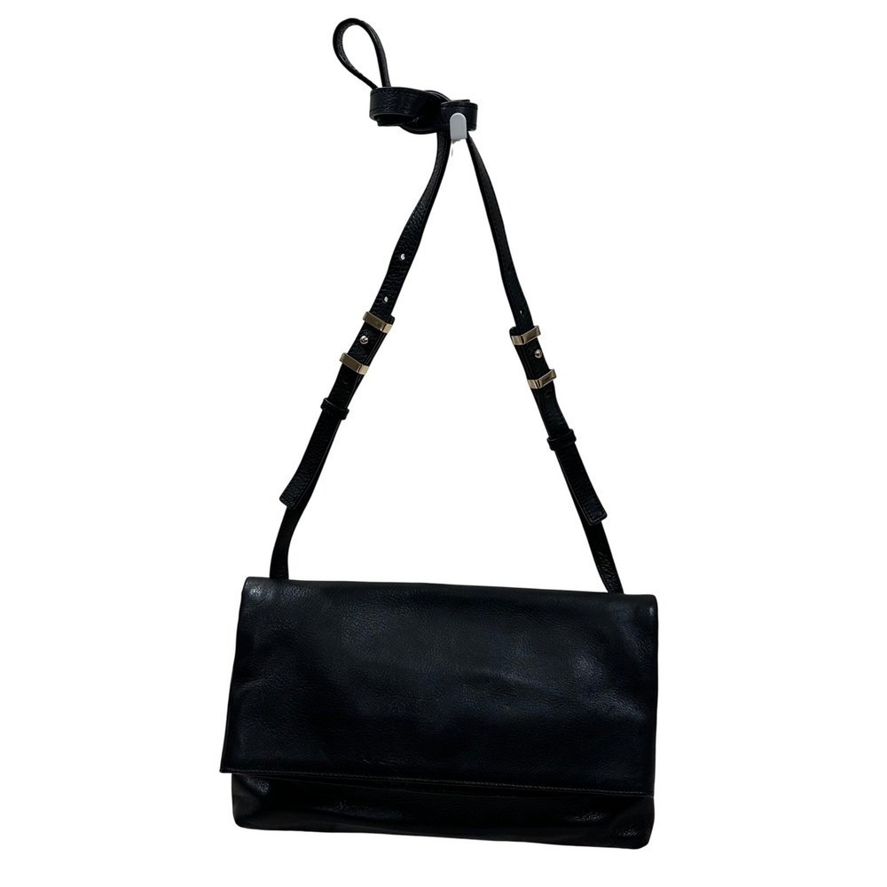 Halogen Nordstrom Black Genuine‎ Leather Foldover Crossbody Bag Gold Hardware